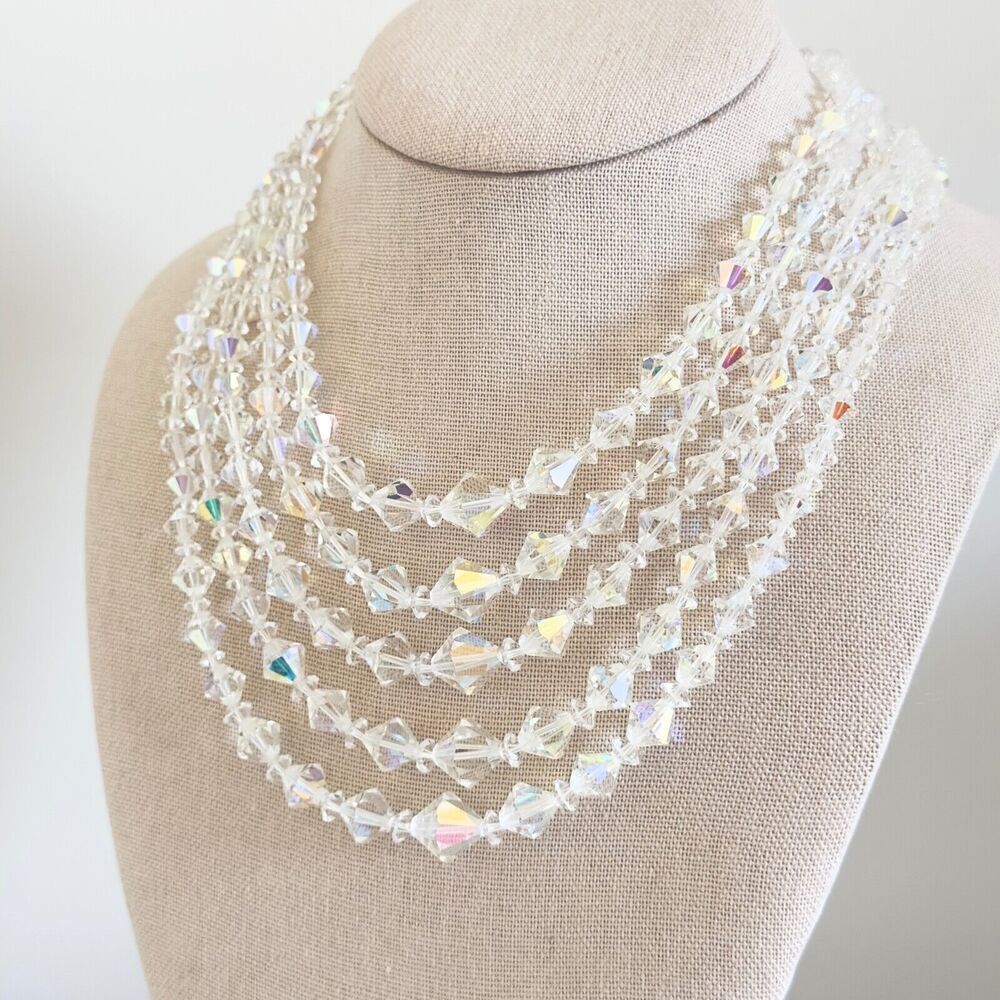 Vintage Clear Aurora Borealis AB Crystal Graduated 5 Row Multi Strand Necklace - Picture 4 of 10